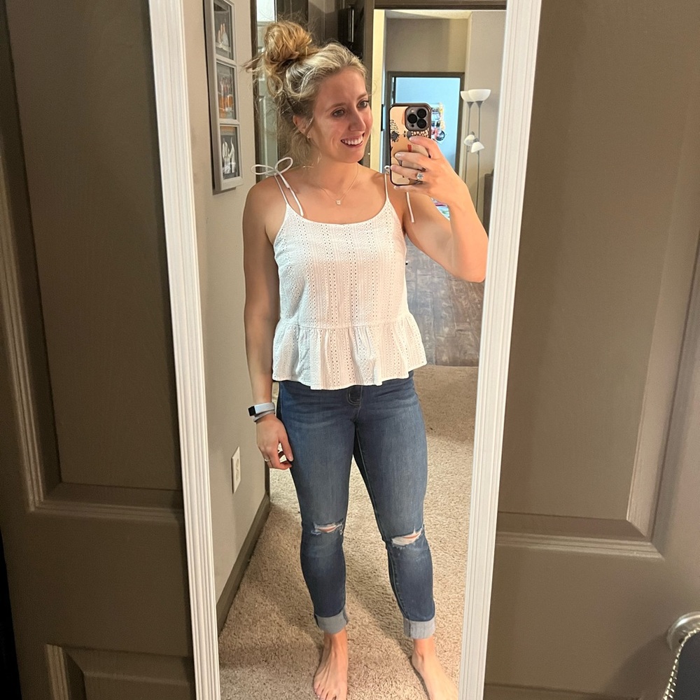 Bar III Eyelet Lace Peplum Tie Top